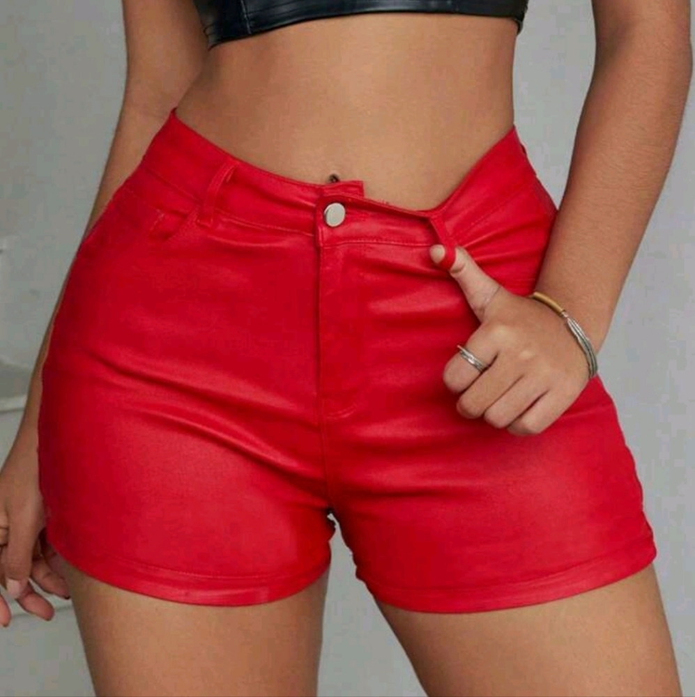 Red Women's Faux Leather Shorts